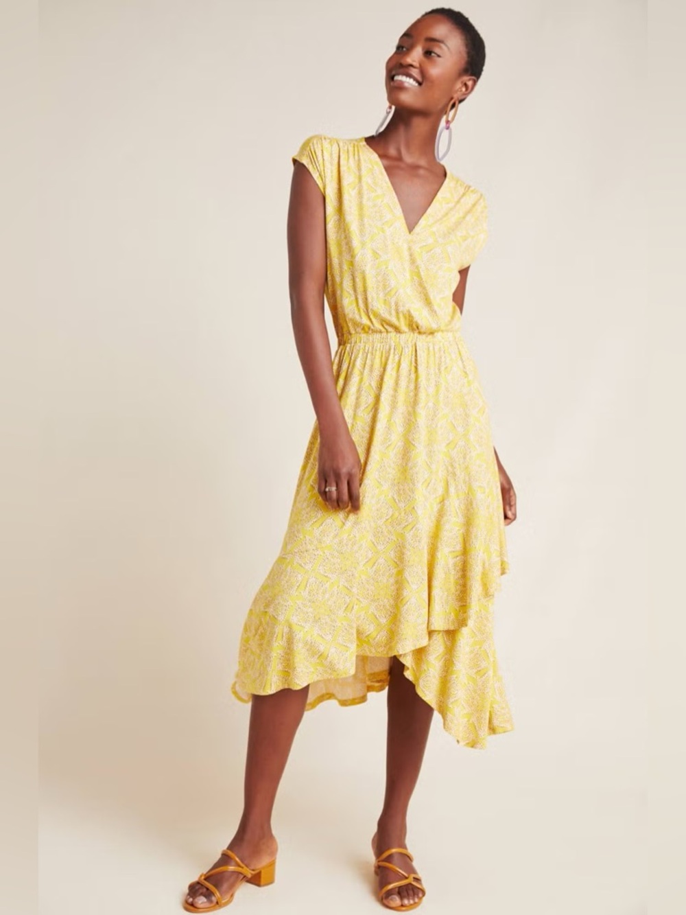 MAEVE BY ANTHROPOLOGIE Fete Faux Wrap Yellow Midi Dress
